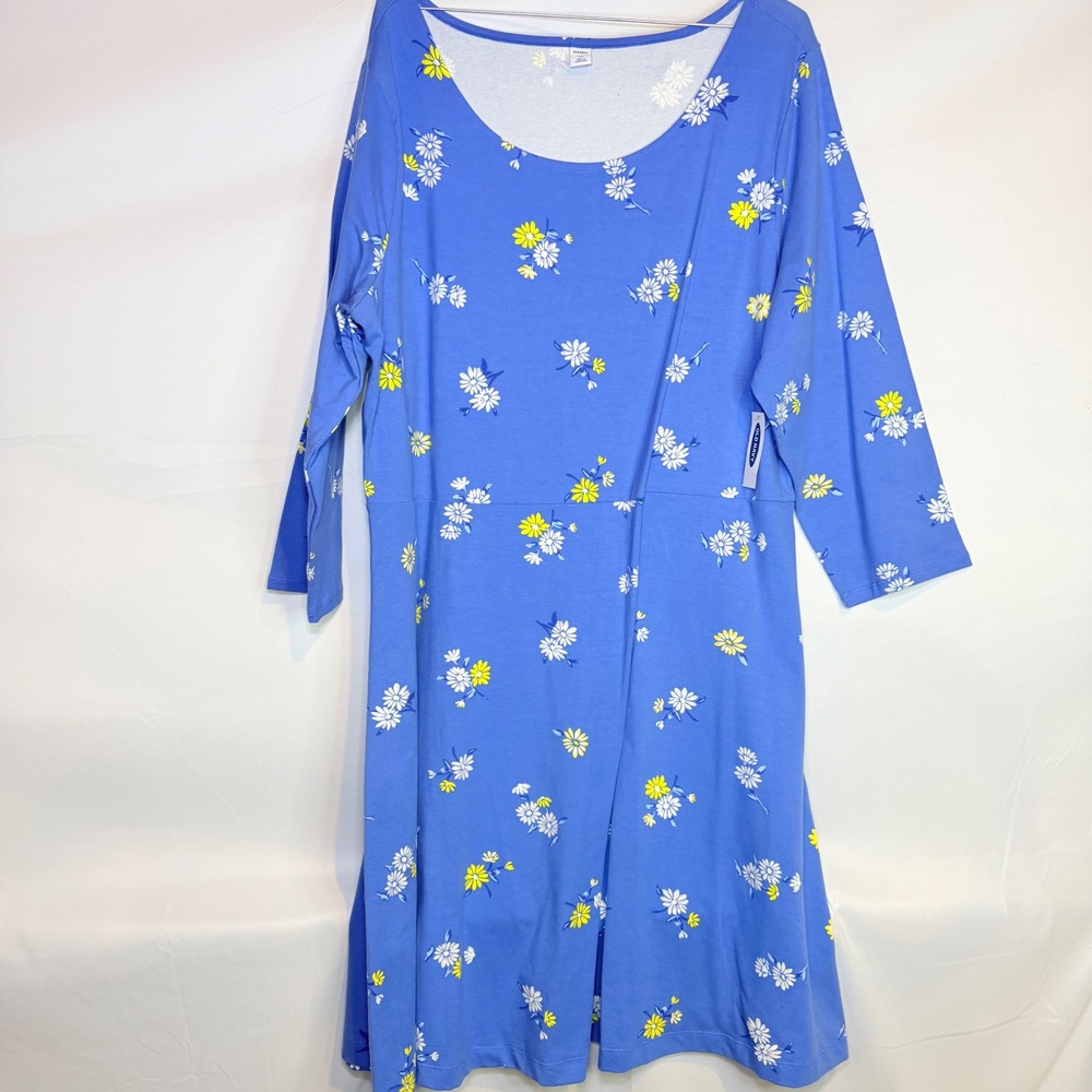 Old Navy Womens XXL Blue Floral Daisy‎ 3/4 Sleeve Fit & Flare Jersey Dress New